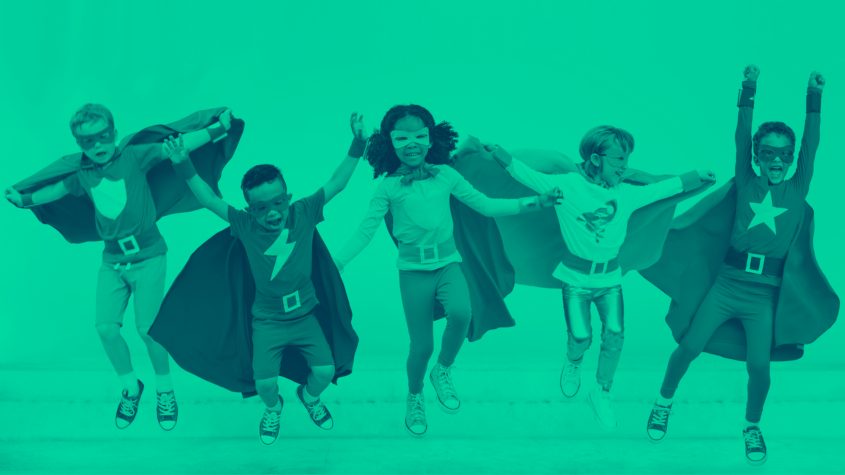 Children dressed as superheroes, saving the world